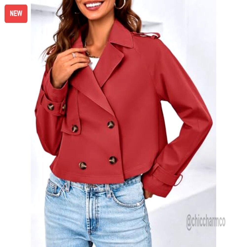 Cropped Trench Coat Double Breasted Lapel Jacket Casual Outerwear - Picture 4 of 7
